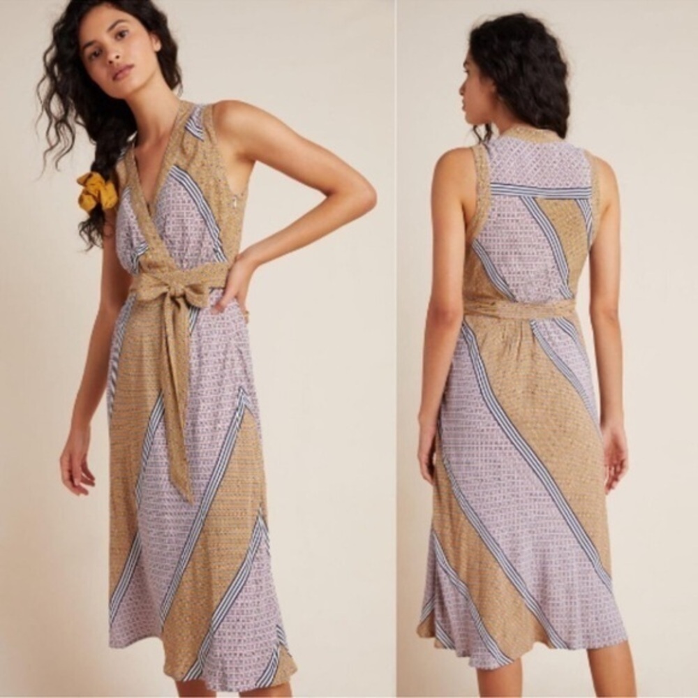 Anthropologie Maeve Carla  Sleeveless Faux Wrap Geometric Print Dress